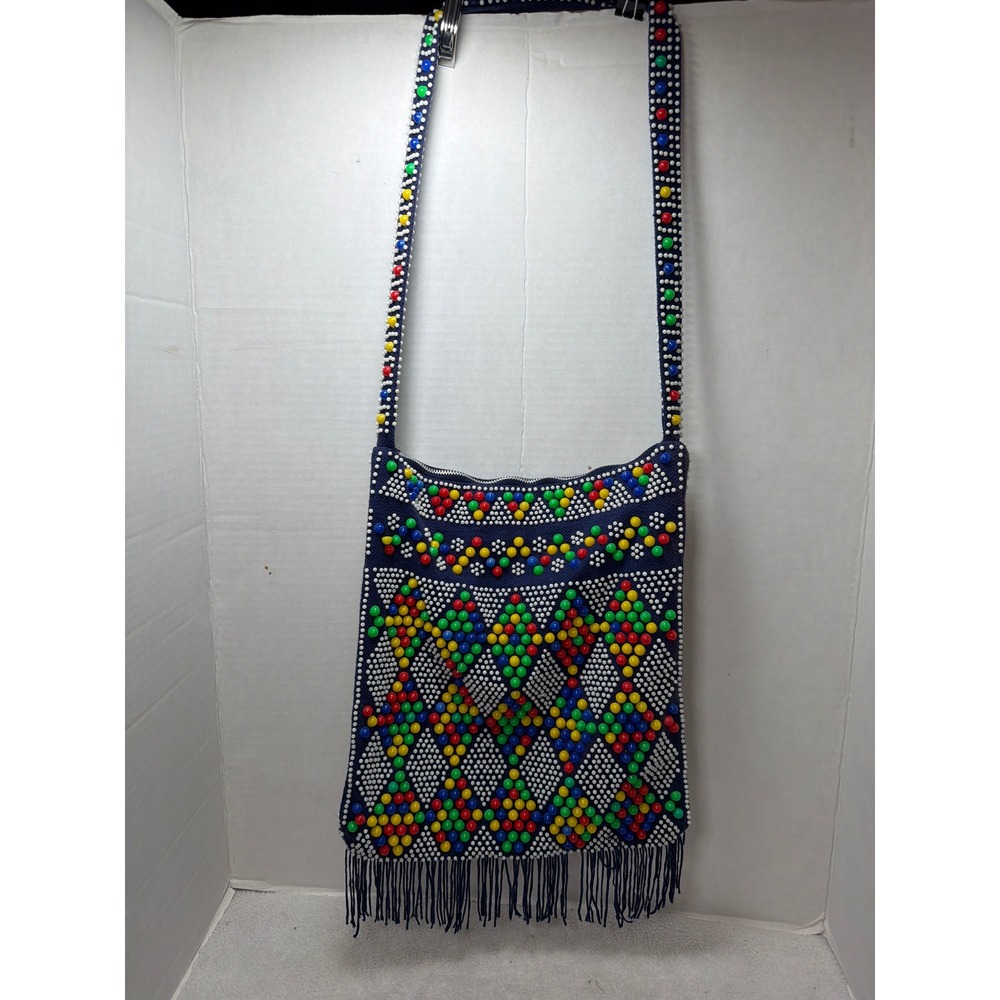 VTG Mod Beaded Candy Crossbody Bag Womens Navy Blue Geometric Fringe Boho